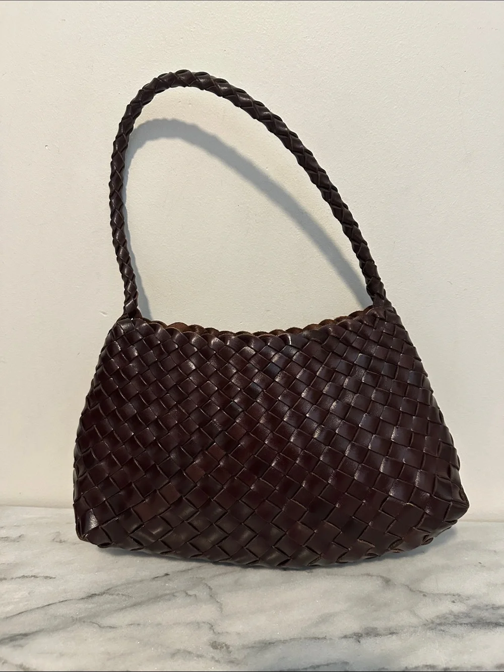 Faye Creations Emma Woven Full-Grain Leather Shoulder Bag - Dark Brown